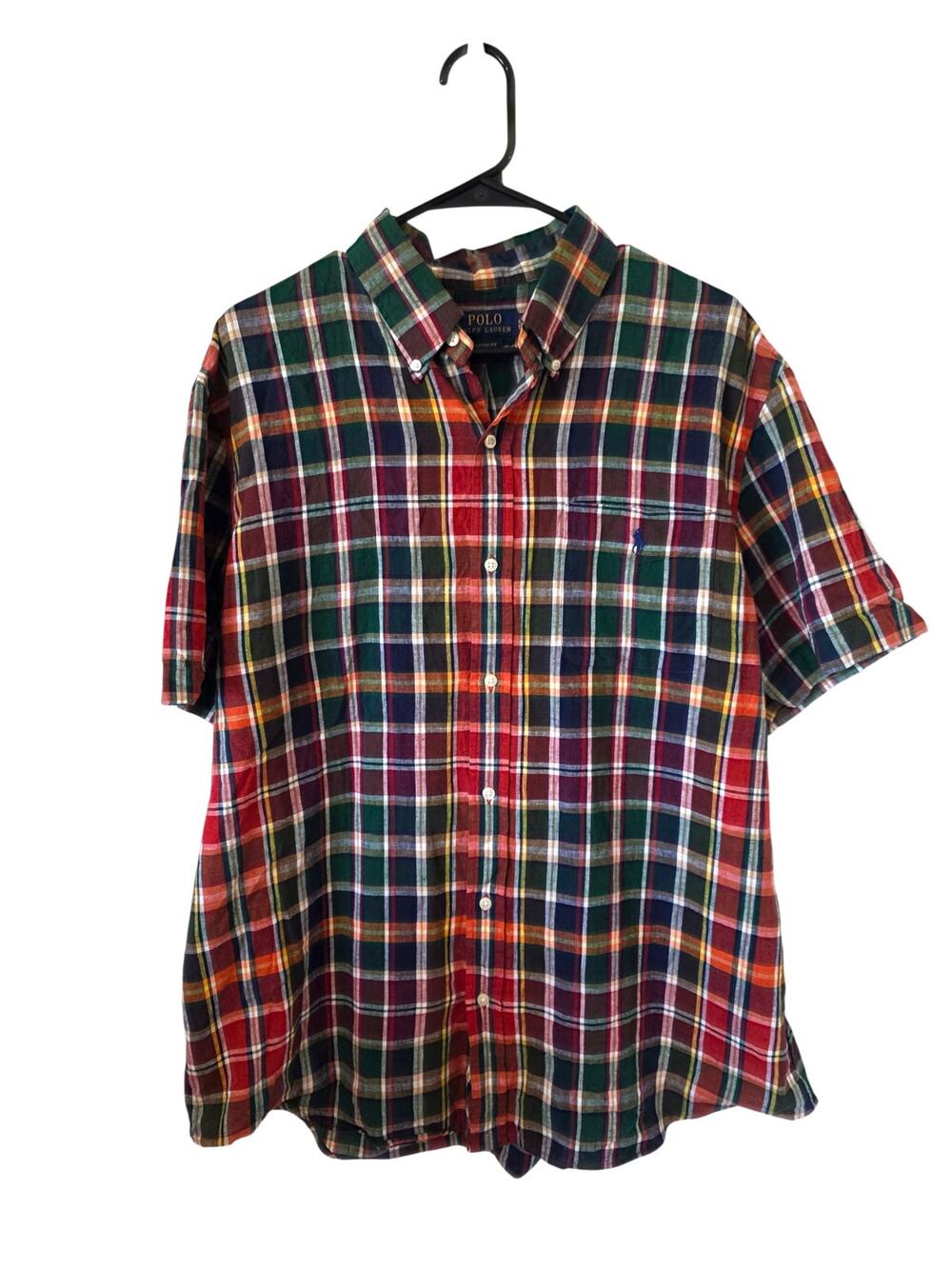 Polo Ralph Lauren Mens Linen Blend Madras Short Sleeve Button Front Shirt XL